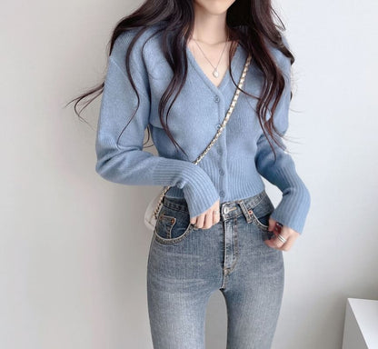 Crop V-Neck Plain Cardigan