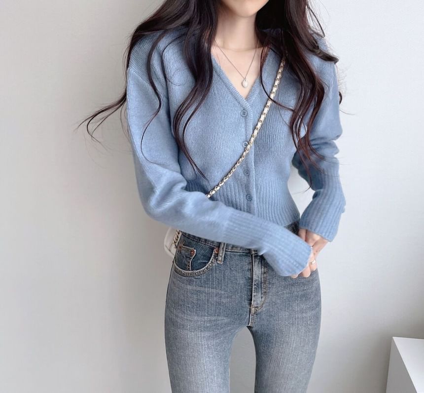 Crop V-Neck Plain Cardigan