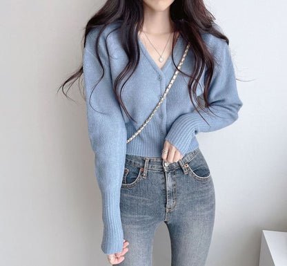 Crop V-Neck Plain Cardigan
