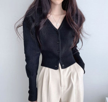 Crop V-Neck Plain Cardigan