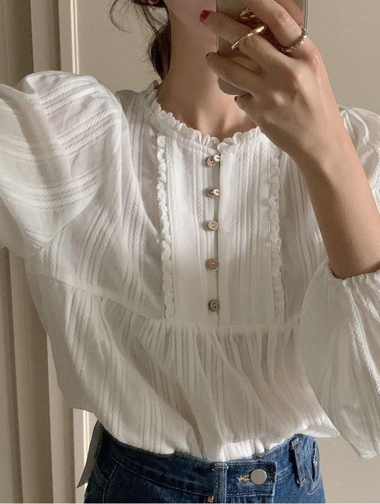 Long-Sleeve Lace Trim Blouse