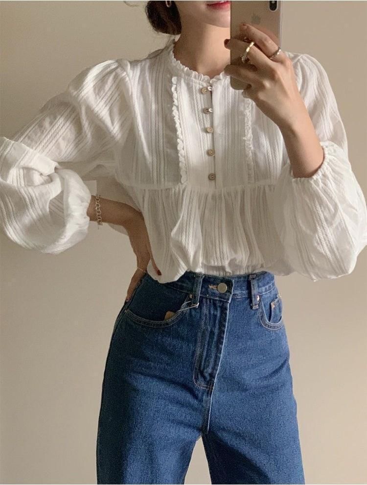 Long-Sleeve Lace Trim Blouse