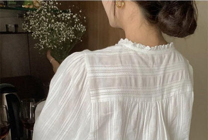 Long-Sleeve Lace Trim Blouse