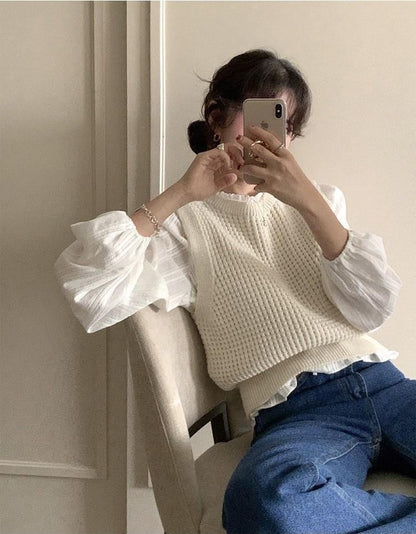 Long-Sleeve Lace Trim Blouse