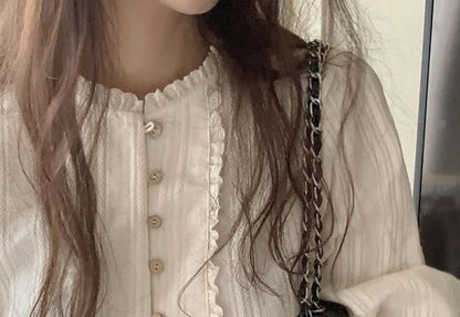 Long-Sleeve Lace Trim Blouse