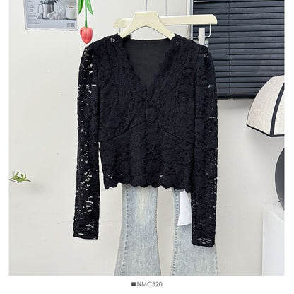 Fleece Lined V-Neck Lace Crop Top