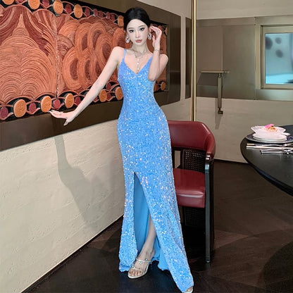 Spaghetti Strap V-Neck Sequin Open Back Slit Mermaid Evening Gown