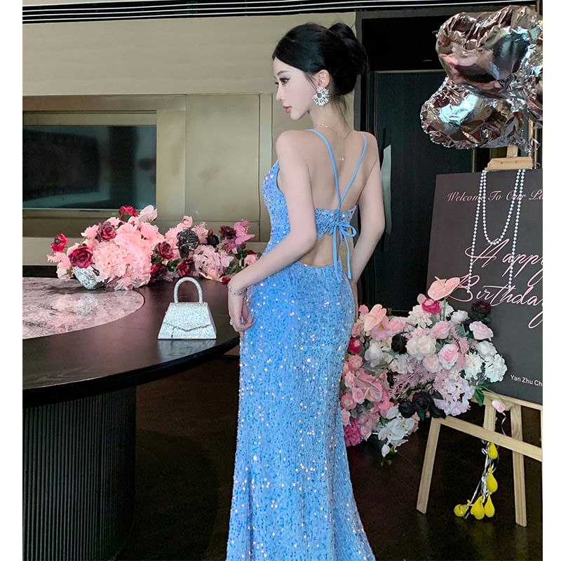 Spaghetti Strap V-Neck Sequin Open Back Slit Mermaid Evening Gown