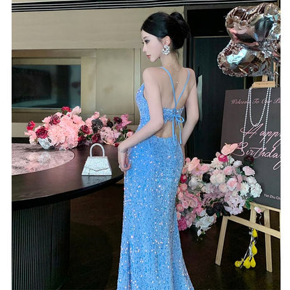 Spaghetti Strap V-Neck Sequin Open Back Slit Mermaid Evening Gown