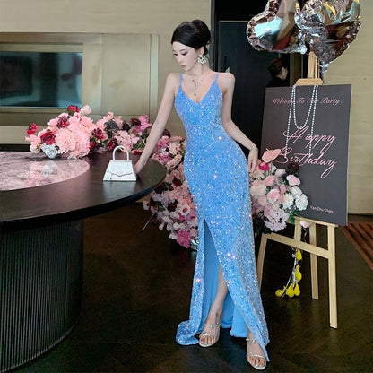 Spaghetti Strap V-Neck Sequin Open Back Slit Mermaid Evening Gown