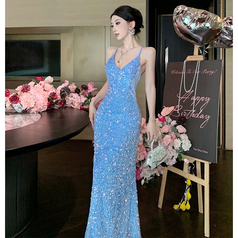 Spaghetti Strap V-Neck Sequin Open Back Slit Mermaid Evening Gown