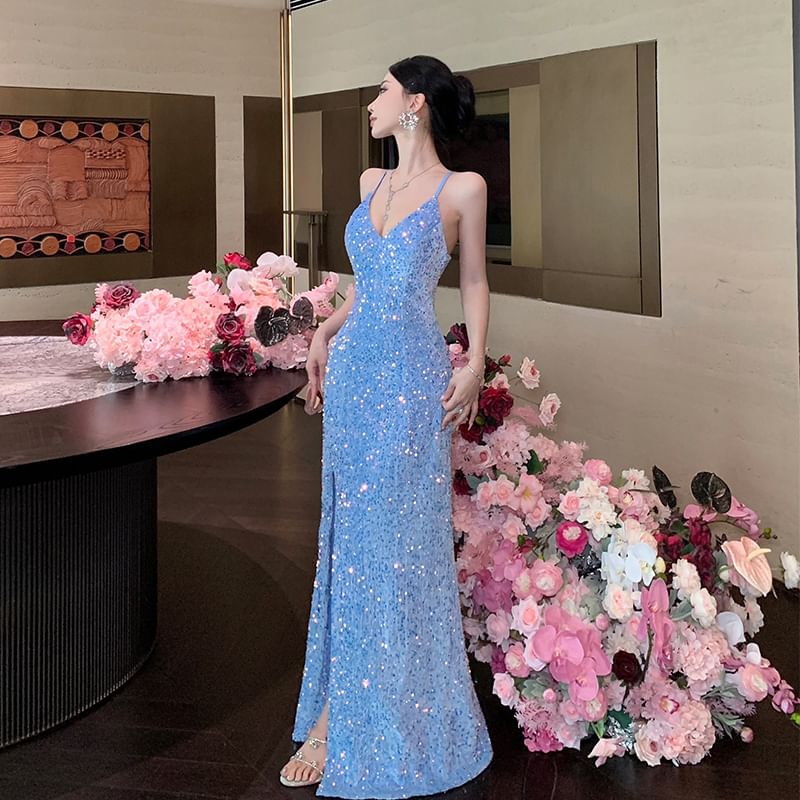 Spaghetti Strap V-Neck Sequin Open Back Slit Mermaid Evening Gown