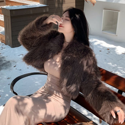 Collared Plain Fluffy Open Front Crop Jacket