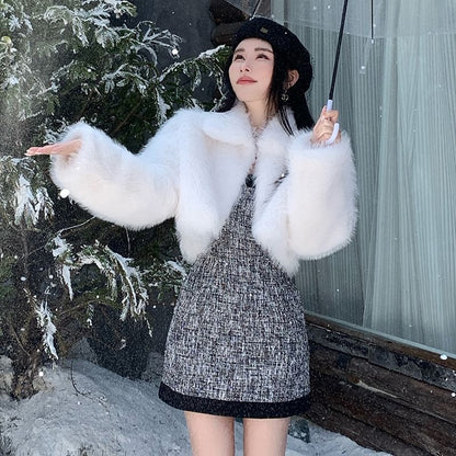 Collared Plain Fluffy Open Front Crop Jacket