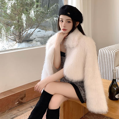 Collared Plain Fluffy Open Front Crop Jacket