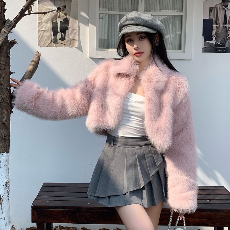 Collared Plain Fluffy Open Front Crop Jacket