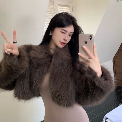 Collared Plain Fluffy Open Front Crop Jacket