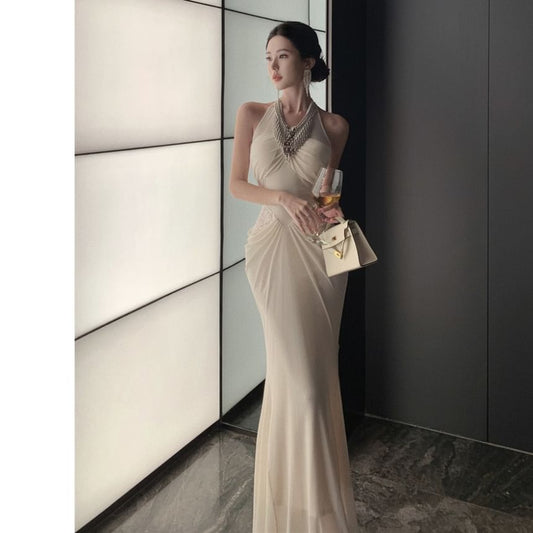 Halter V-Neck Lace Panel Beaded Ruched Mermaid Evening Gown