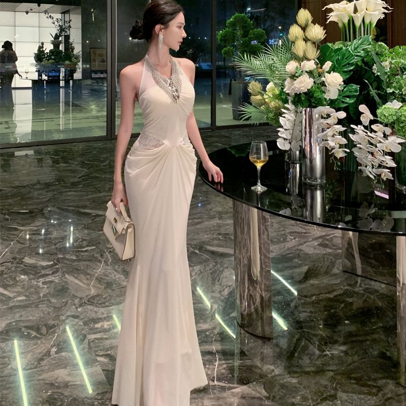 Halter V-Neck Lace Panel Beaded Ruched Mermaid Evening Gown