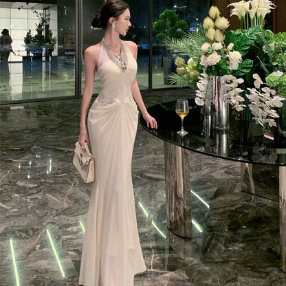 Halter V-Neck Lace Panel Beaded Ruched Mermaid Evening Gown