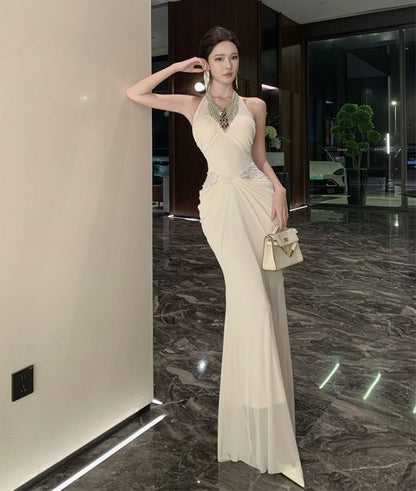 Halter V-Neck Lace Panel Beaded Ruched Mermaid Evening Gown