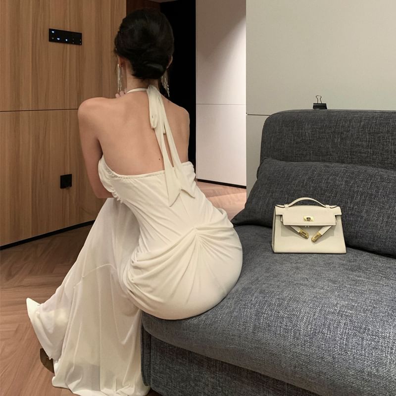 Halter V-Neck Lace Panel Beaded Ruched Mermaid Evening Gown