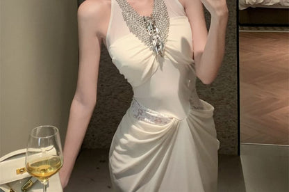 Halter V-Neck Lace Panel Beaded Ruched Mermaid Evening Gown