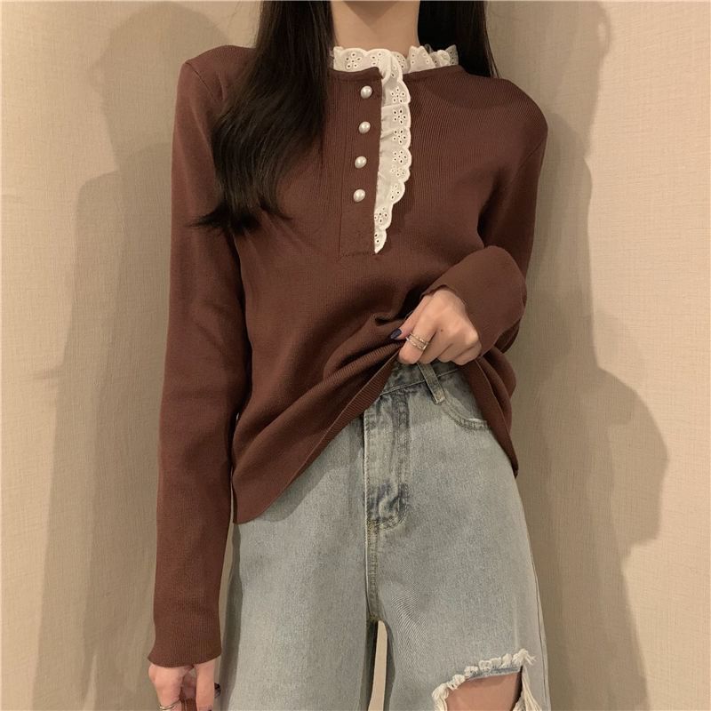Henley Knit Top with Lace Trim and Long Sleeves