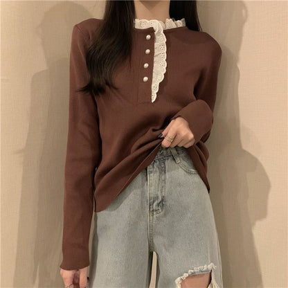 Henley Knit Top with Lace Trim and Long Sleeves
