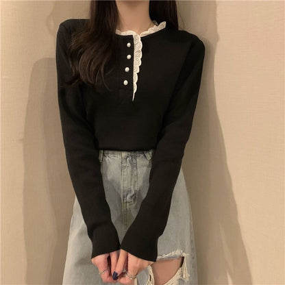Henley Knit Top with Lace Trim and Long Sleeves