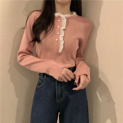 Henley Knit Top with Lace Trim and Long Sleeves
