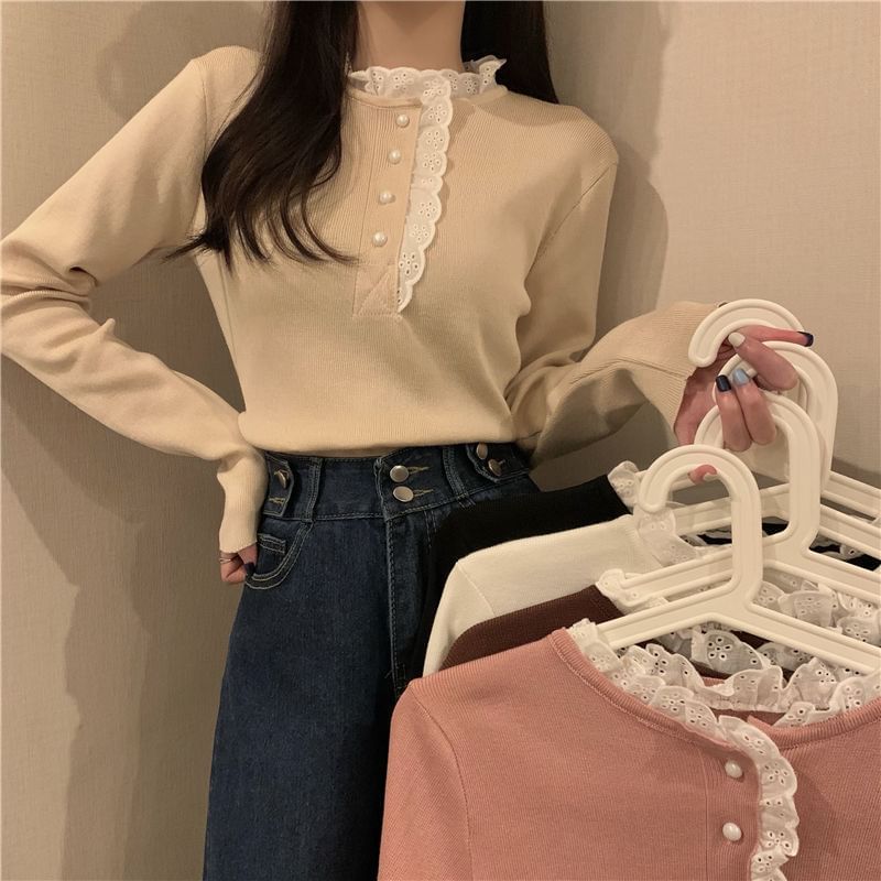 Henley Knit Top with Lace Trim and Long Sleeves