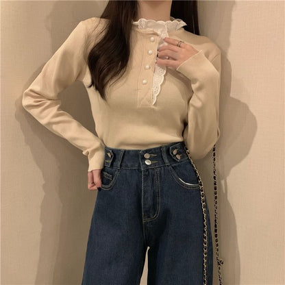 Henley Knit Top with Lace Trim and Long Sleeves