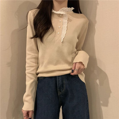 Henley Knit Top with Lace Trim and Long Sleeves