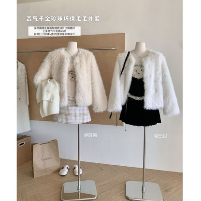 Round Neck Beaded Fluffy Jacket
