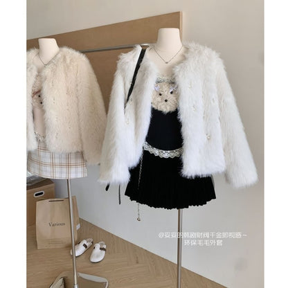 Round Neck Beaded Fluffy Jacket