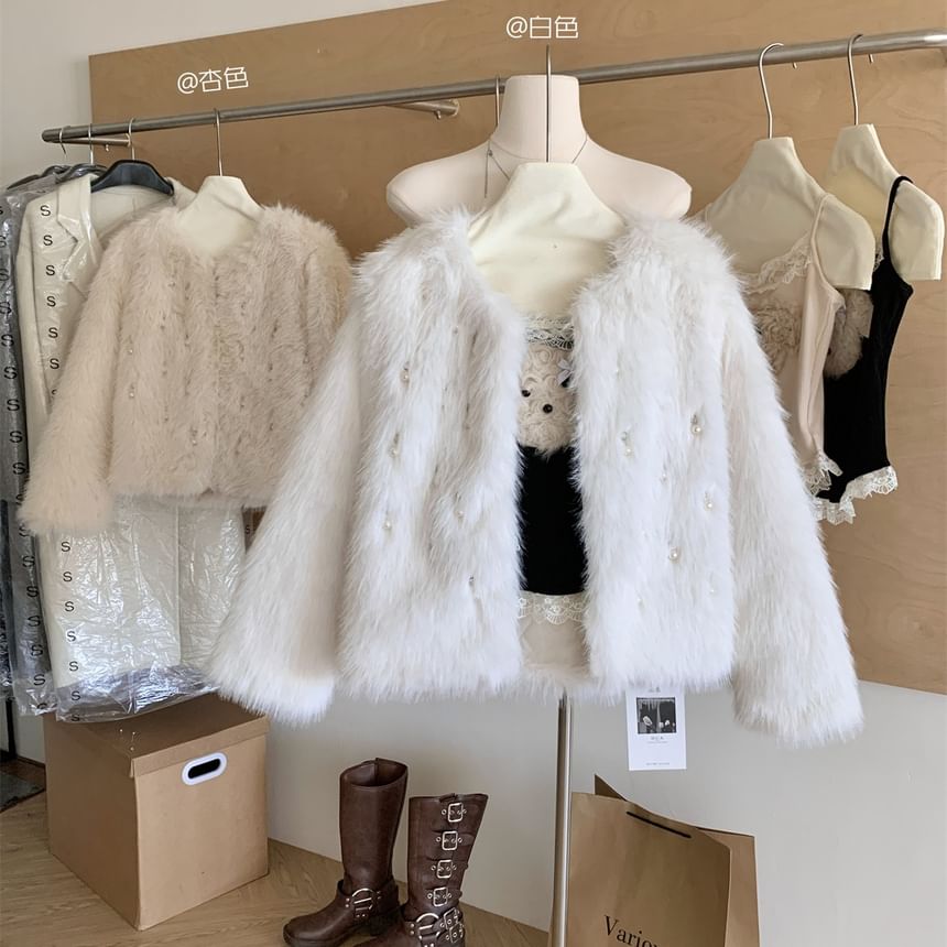 Round Neck Beaded Fluffy Jacket