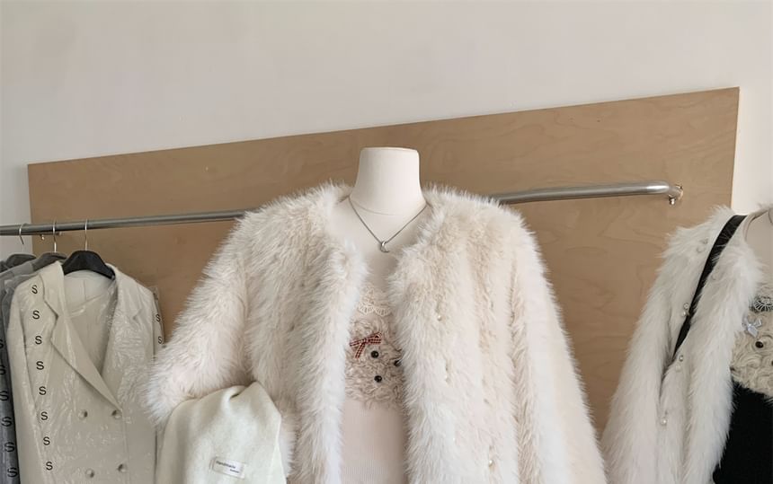 Round Neck Beaded Fluffy Jacket