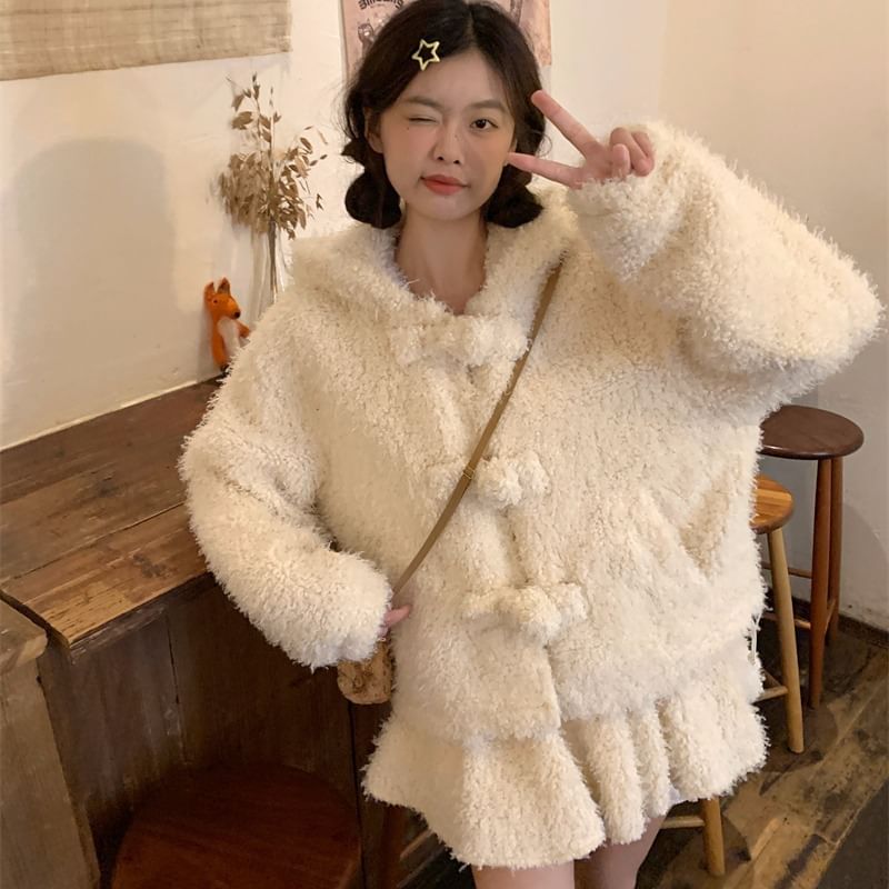 Plain Bear Ear Accent Fluffy Hooded Button-Up Jacket / High Rise Mini A-Line Skirt