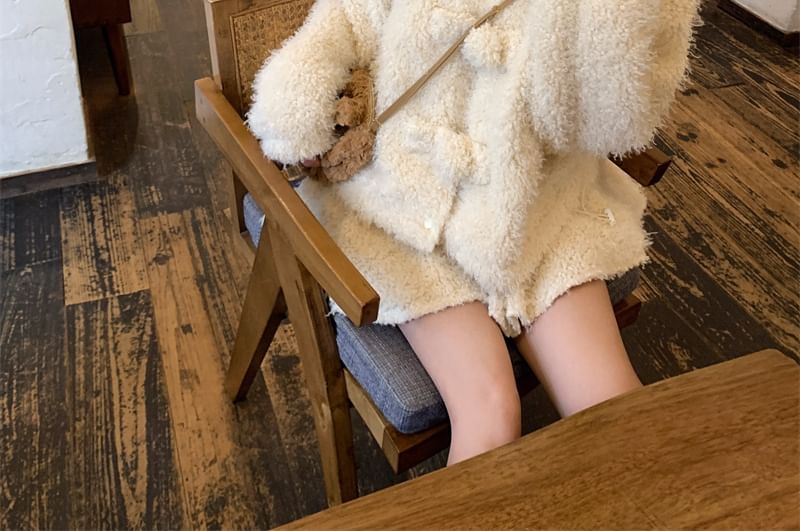 Plain Bear Ear Accent Fluffy Hooded Button-Up Jacket / High Rise Mini A-Line Skirt