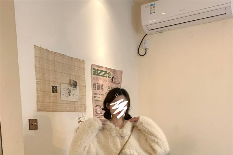 Plain Bear Ear Accent Fluffy Hooded Button-Up Jacket / High Rise Mini A-Line Skirt