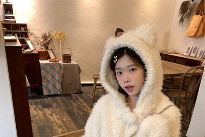 Plain Bear Ear Accent Fluffy Hooded Button-Up Jacket / High Rise Mini A-Line Skirt