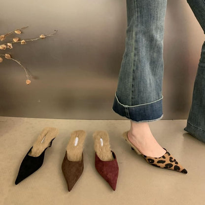 Kitten Heel Pointed Toe Fleece-Lined Mules