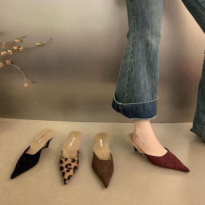 Kitten Heel Pointed Toe Fleece-Lined Mules