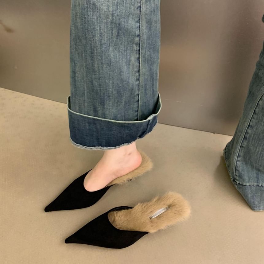 Kitten Heel Pointed Toe Fleece-Lined Mules