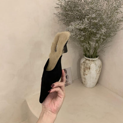 Kitten Heel Pointed Toe Fleece-Lined Mules