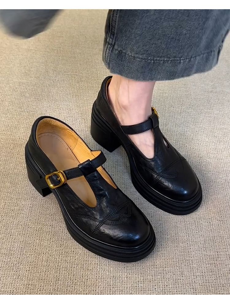 Faux Platform Plain Shoes T-Strap Jane Leather Mary