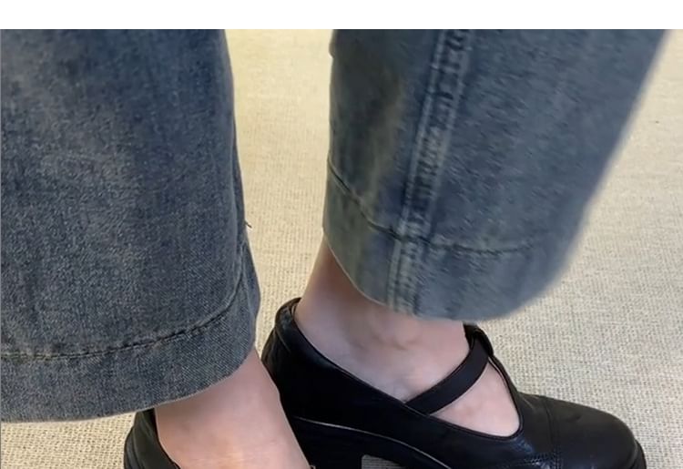 Faux Platform Plain Shoes T-Strap Jane Leather Mary