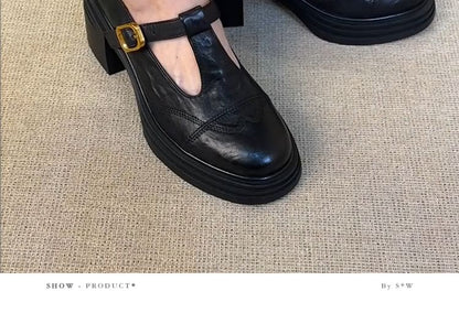 Faux Platform Plain Shoes T-Strap Jane Leather Mary