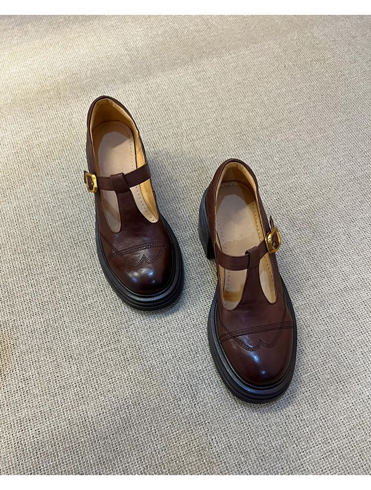 Faux Platform Plain Shoes T-Strap Jane Leather Mary